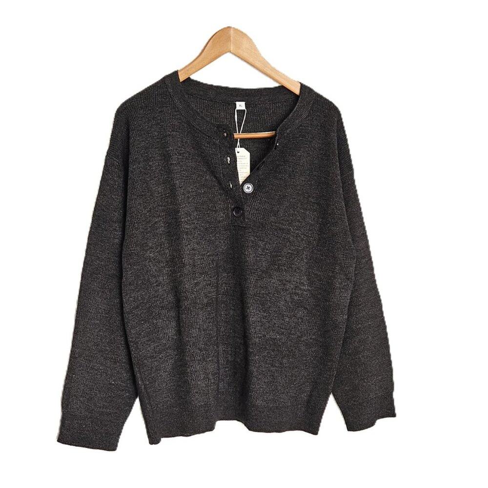 Womens XL Gray Long-sleeved Knit Henley Sweater - Soft - Medium Weight Brand New